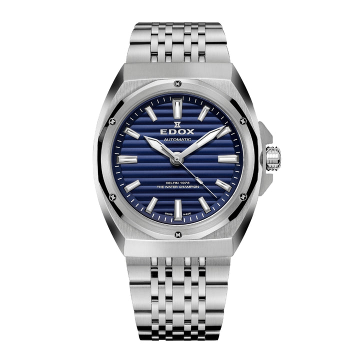 EDOX Men's Delfin 1973 Automatic Watch with Blue Dial and Metal Band