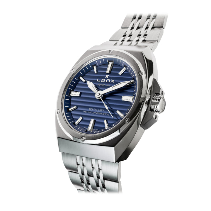 EDOX Men's Delfin 1973 Automatic Watch with Blue Dial and Metal Band