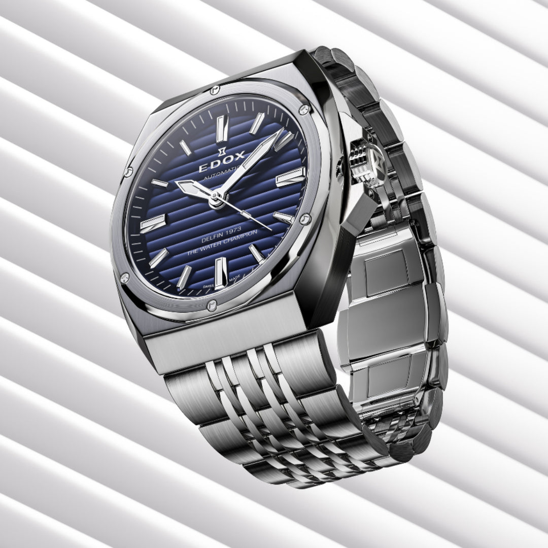 EDOX Men's Delfin 1973 Automatic Watch with Blue Dial and Metal Band