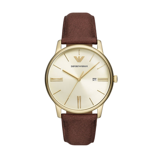 Emporio Armani Three-Hand Date Brown Leather Watch