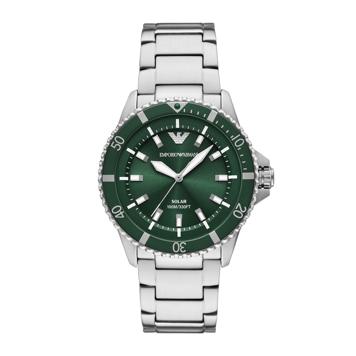 ساعة إمبوريو أرماني للرجال وورلد إكسبلورر تعمل بالطاقة الشمسية، بثلاثة عقارب، مصنوعة من الفولاذ المقاوم للصدأ