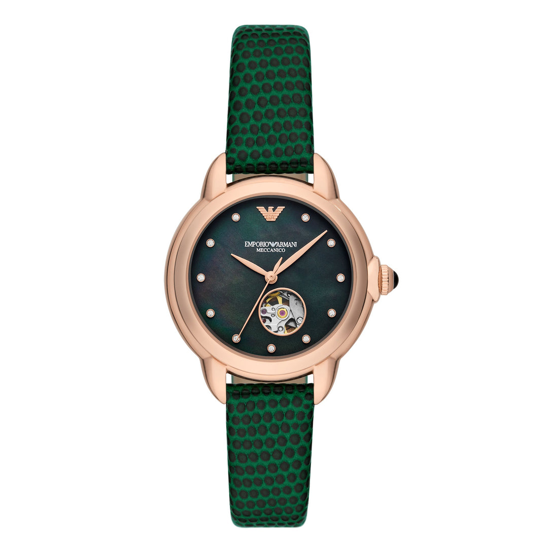 EMPORIO ARMANI AUTOMATIC GREEN LEATHER WATCH