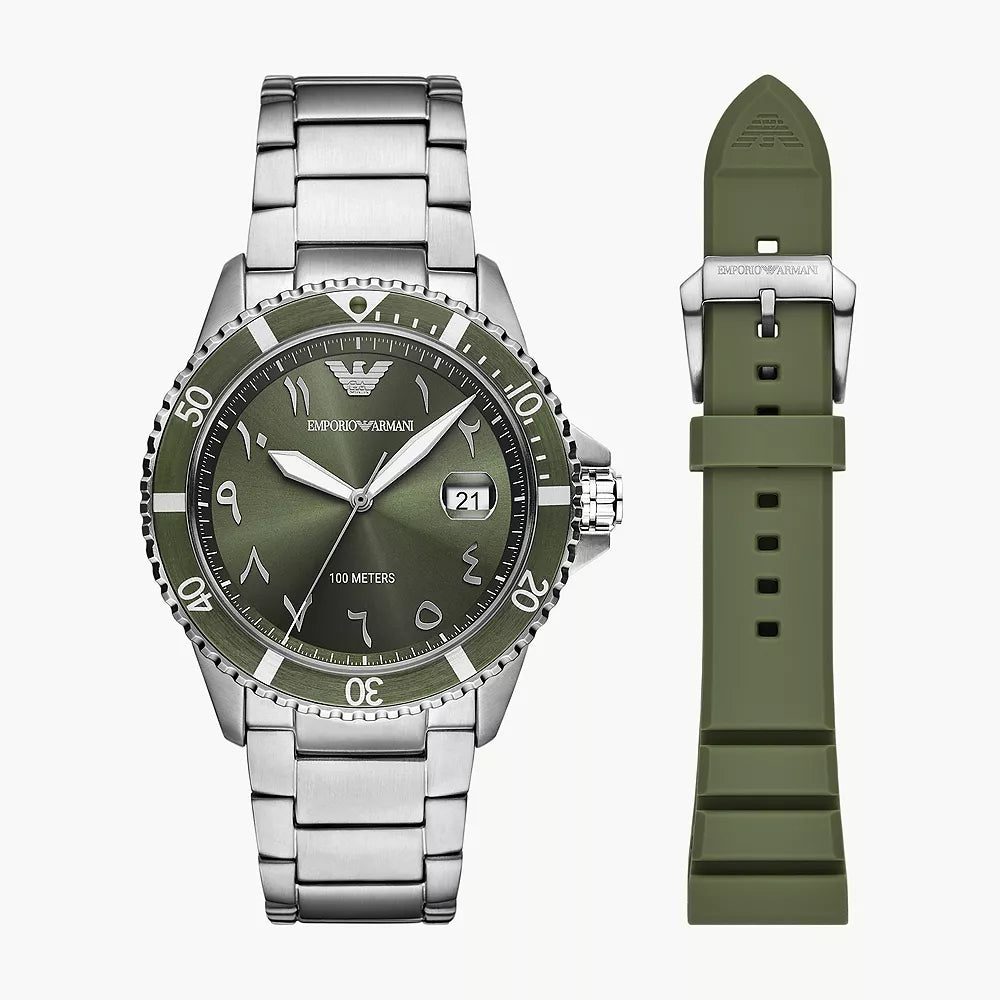 Emporio Armani World Explorer Three-Hand Date Stainless Steel Watch and Green Silicone Strap Set - AR80072SET