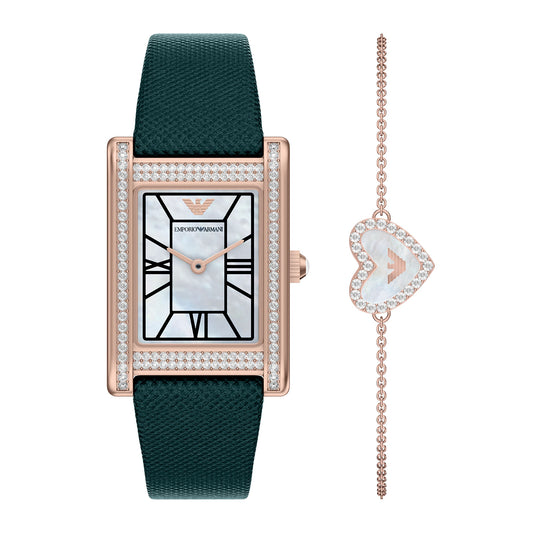 Emporio Armani Women's Two-Hand Green Leather Watch and Rose-Gold Tone Bracelet Set