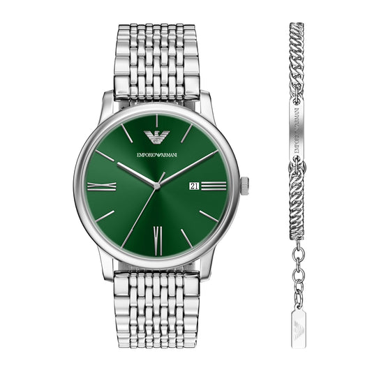 Emporio Armani Men's Three-Hand Date Stainless Steel Watch and Bracelet Set