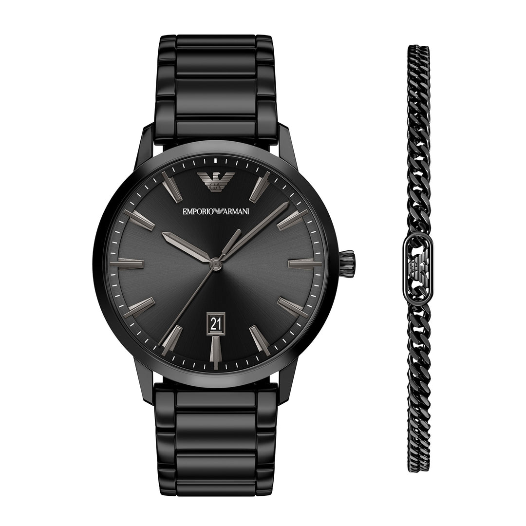 Emporio Armani Men's Three-Hand Date Black Stainless Steel Watch and Bracelet Set