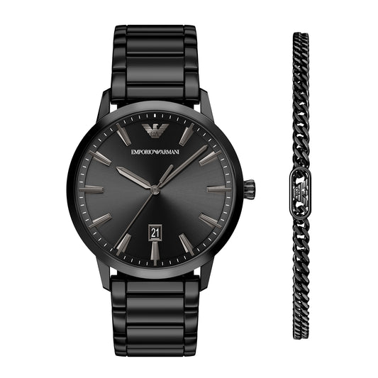 Emporio Armani Men's Three-Hand Date Black Stainless Steel Watch and Bracelet Set