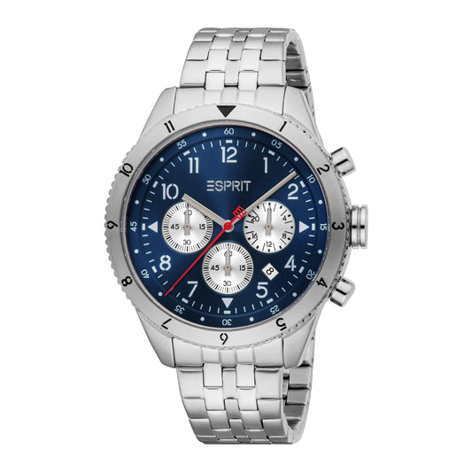 ساعة رجالية من إسبريت، هيكل بلون فضي، ميناء بلون أزرق داكن، سوار معدني من الستانلس ستيل، كرونوغراف، مقاومة للماء حتى 10 ضغط جوي