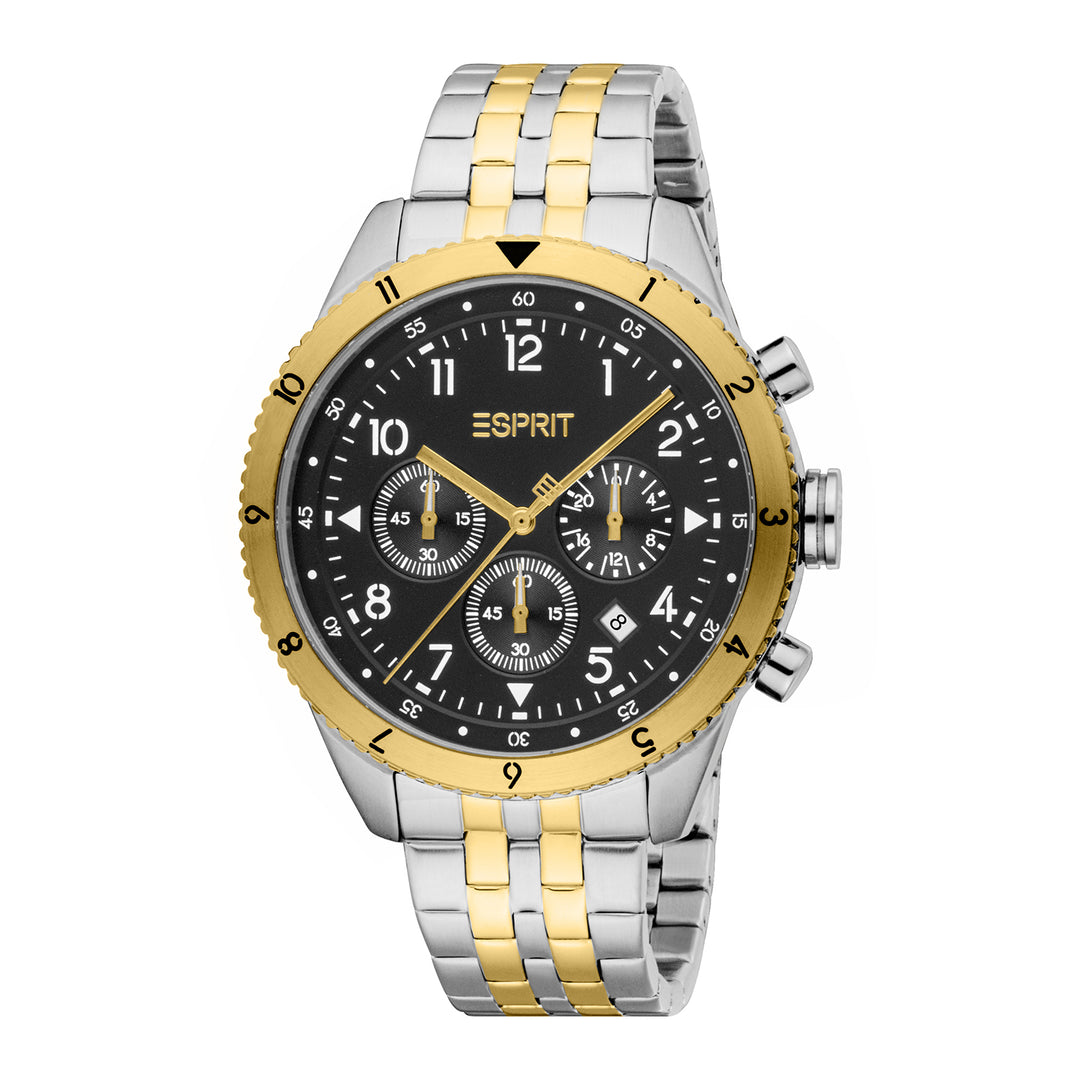 ESPRIT Men Watch, Two Tone Silver & Gold Color Case, Black Dial, Two Tone Silver & Gold Color Metal Bracelet, Chronograph, 10 ATM