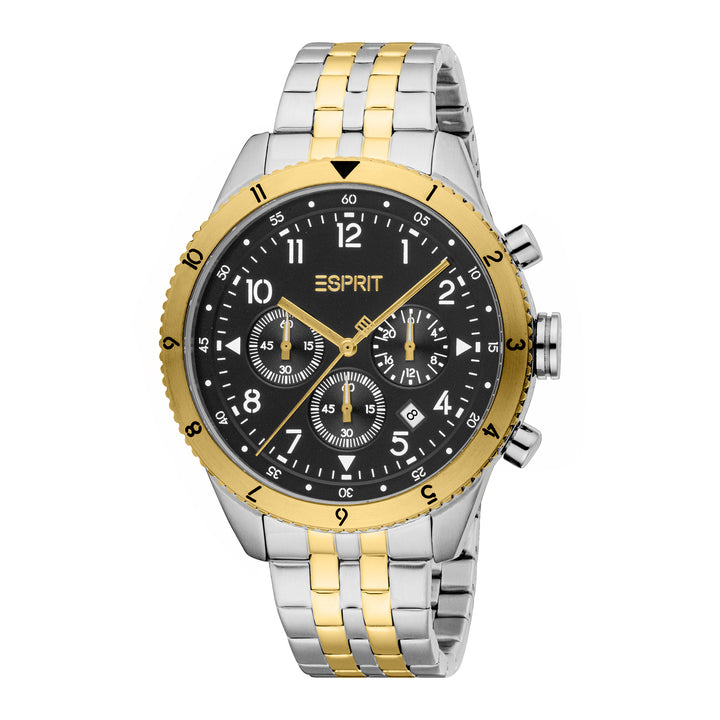 ESPRIT Men Watch, Two Tone Silver & Gold Color Case, Black Dial, Two Tone Silver & Gold Color Metal Bracelet, Chronograph, 10 ATM