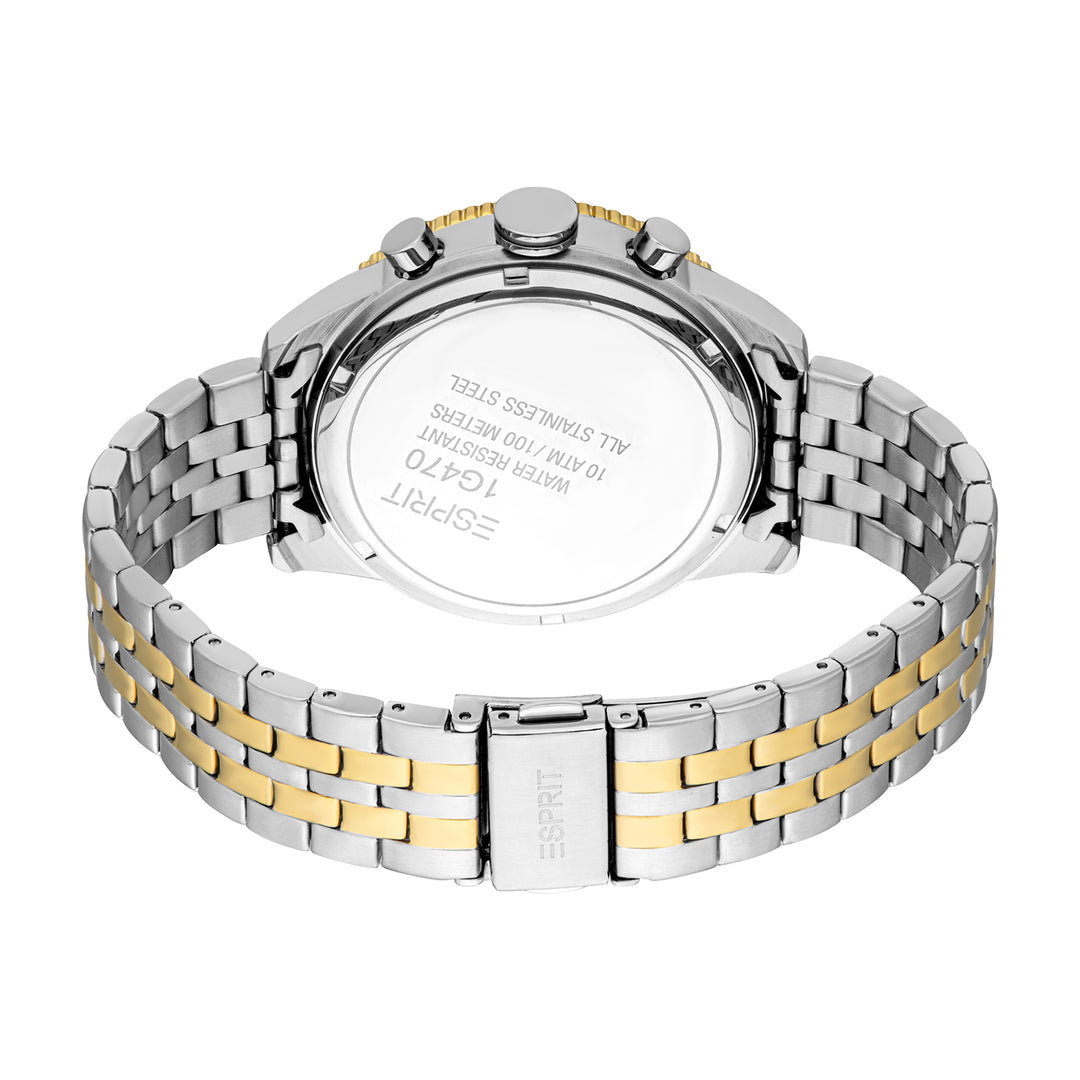 ESPRIT Men Watch, Two Tone Silver & Gold Color Case, Black Dial, Two Tone Silver & Gold Color Metal Bracelet, Chronograph, 10 ATM