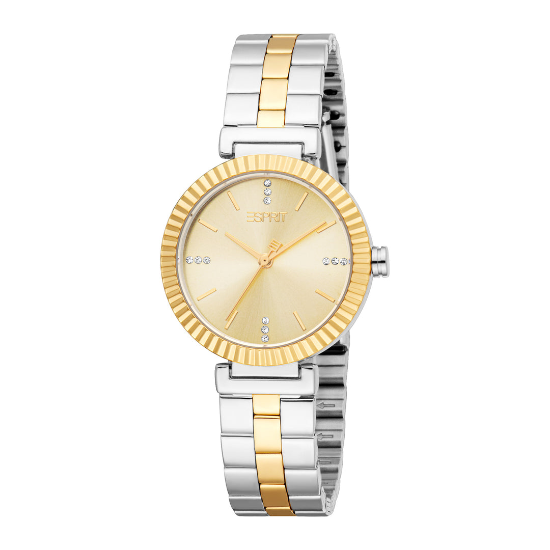 ESPRIT Women Watch, Two Tone Silver & Gold Color Case, Champagne Dial, Two Tone Silver & Gold Color Metal Bracelet, 3 Hands, 3 ATM