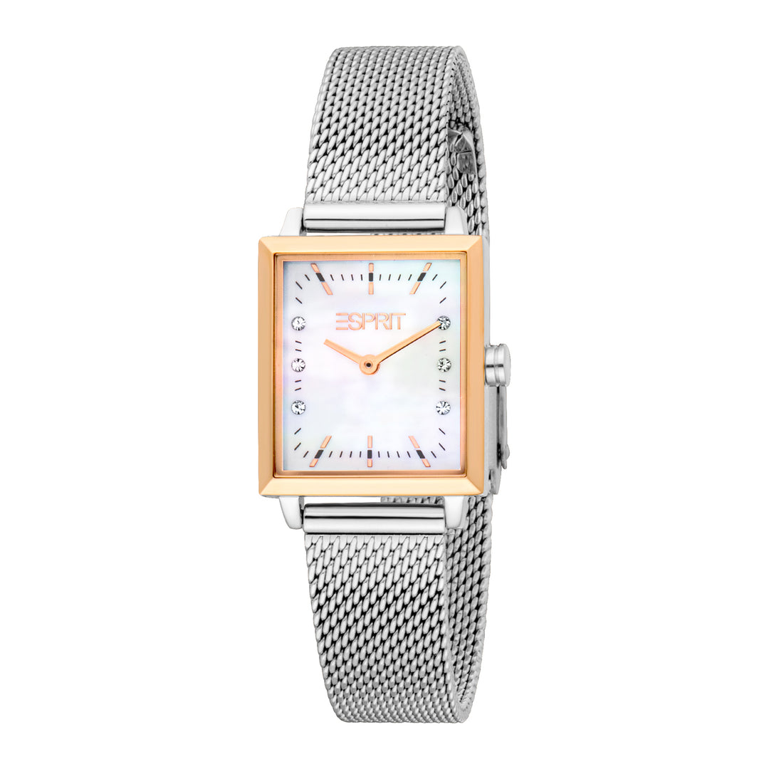 ESPRIT Women Watch, Two Tone Silver & Rose Gold Color Case, White MOP Dial, Stainless Steel Mesh Bracelet, 2 Hands, 3 ATM