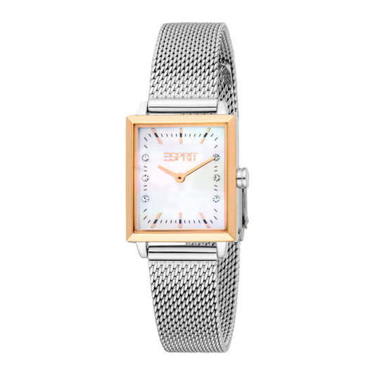 ESPRIT Women Watch, Two Tone Silver & Rose Gold Color Case, White MOP Dial, Stainless Steel Mesh Bracelet, 2 Hands, 3 ATM