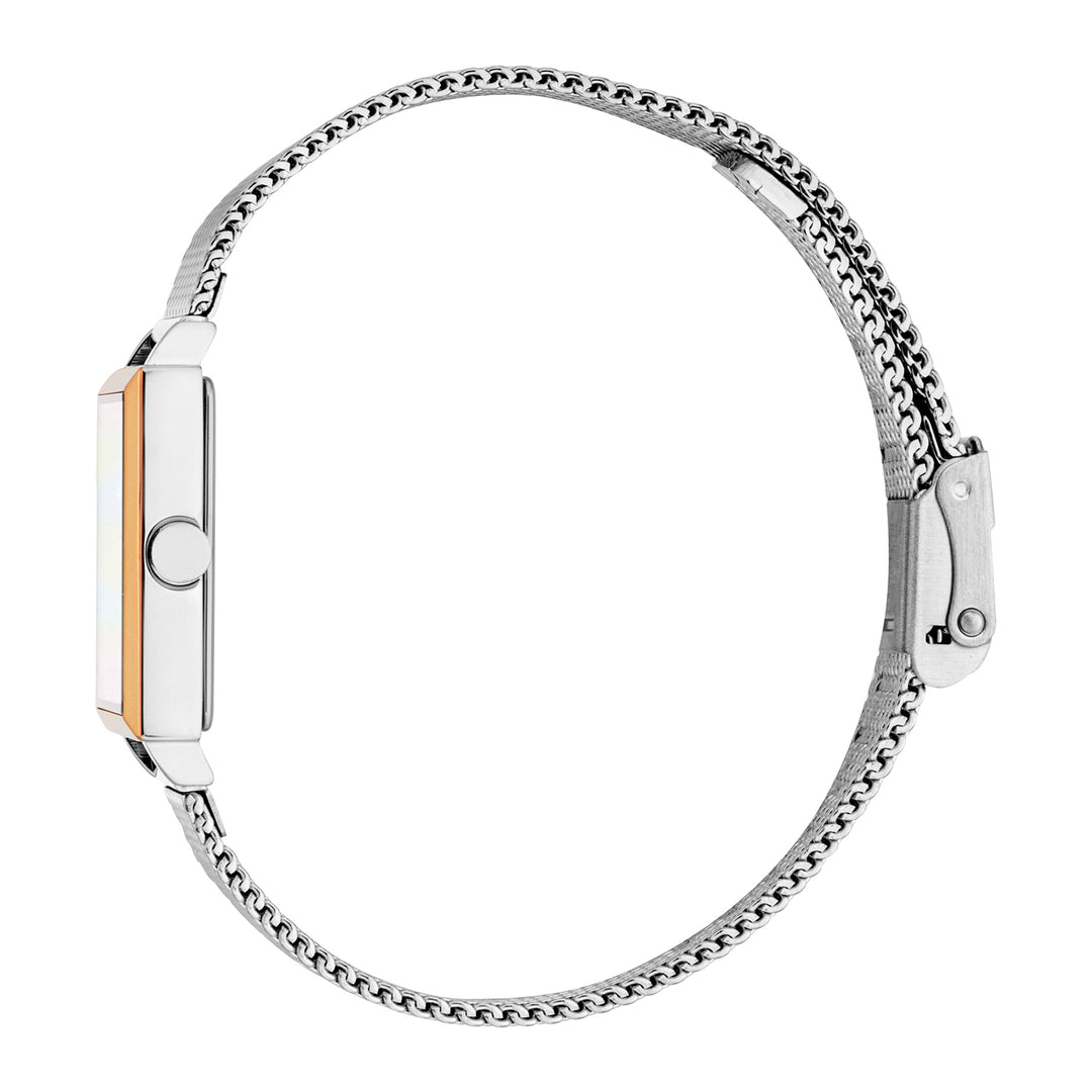 ESPRIT Women Watch, Two Tone Silver & Rose Gold Color Case, White MOP Dial, Stainless Steel Mesh Bracelet, 2 Hands, 3 ATM