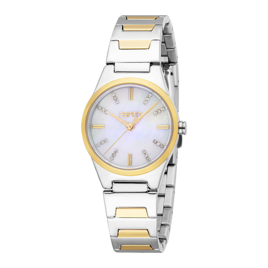 ESPRIT Women Watch, Two Tone Silver & Gold Color Case, White MOP Dial, Two Tone Silver & Gold Color Metal Bracelet, 3 Hands, 3 ATM