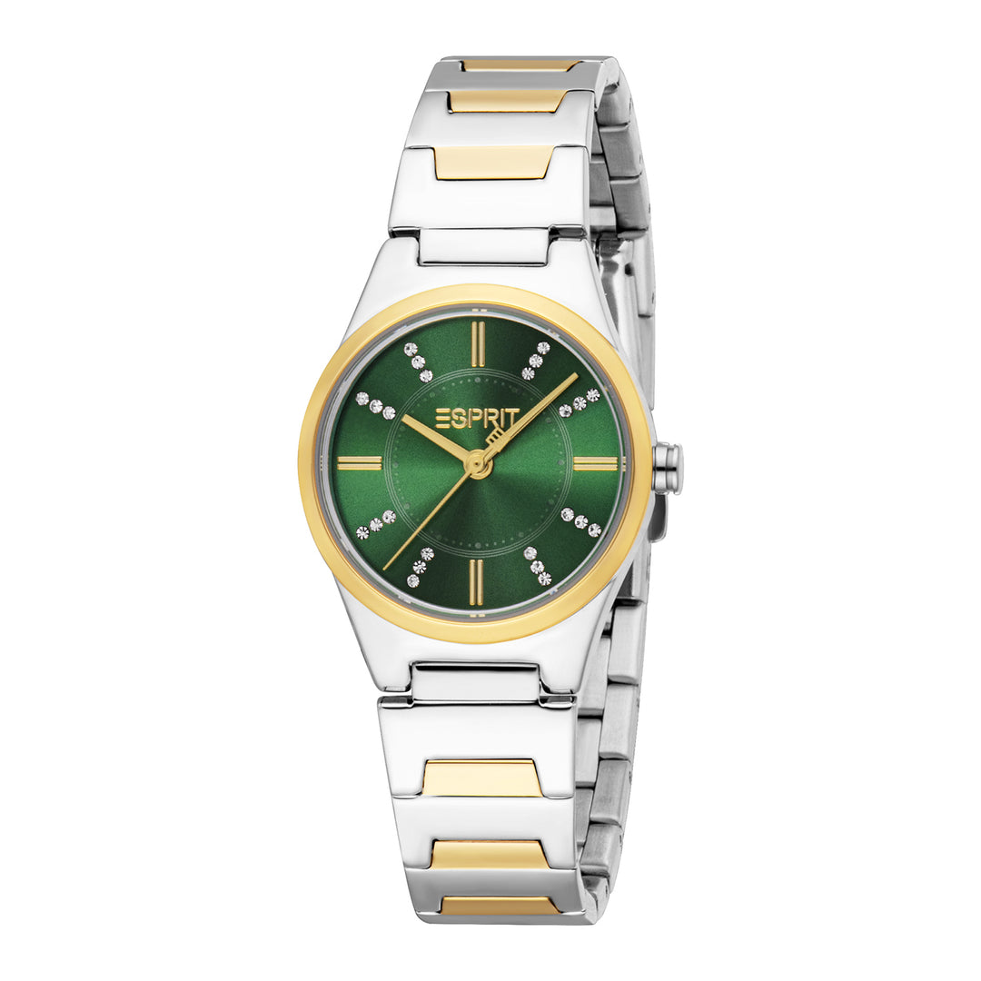 ESPRIT Women Watch, Two Tone Silver & Gold Color Case, Dark Green Dial, Two Tone Silver & Gold Color Metal Bracelet, 3 Hands, 3 ATM