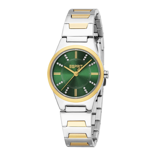 ESPRIT Women Watch, Two Tone Silver & Gold Color Case, Dark Green Dial, Two Tone Silver & Gold Color Metal Bracelet, 3 Hands, 3 ATM