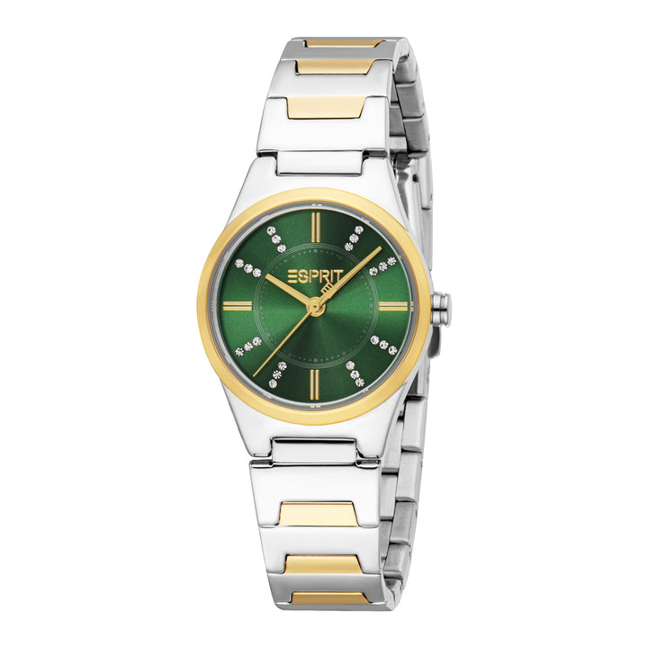 ESPRIT Women Watch, Two Tone Silver & Gold Color Case, Dark Green Dial, Two Tone Silver & Gold Color Metal Bracelet, 3 Hands, 3 ATM