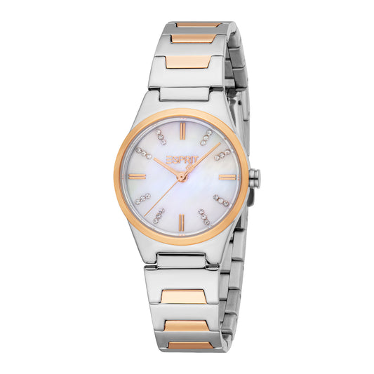 ESPRIT Women Watch, Two Tone Silver & Rose Gold Color Case, White MOP Dial, Two Tone Silver & Rose Gold Color Metal Bracelet, 3 Hands, 3 ATM