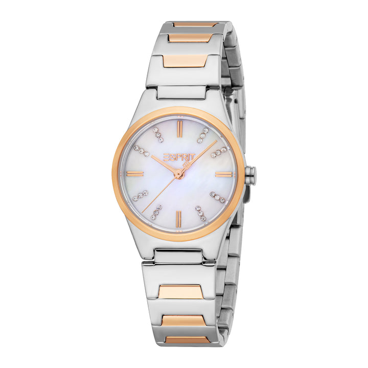 ESPRIT Women Watch, Two Tone Silver & Rose Gold Color Case, White MOP Dial, Two Tone Silver & Rose Gold Color Metal Bracelet, 3 Hands, 3 ATM