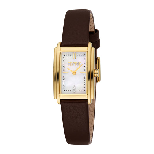 ESPRIT Women Watch, Gold Color Case, White MOP Dial, Dark Brown Leather Strap, 2 Hands, 3 ATM
