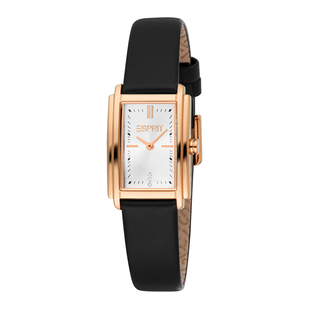 ESPRIT Women Watch, Rose Gold Color Case, Silver Dial, Black Leather Strap, 2 Hands, 3 ATM