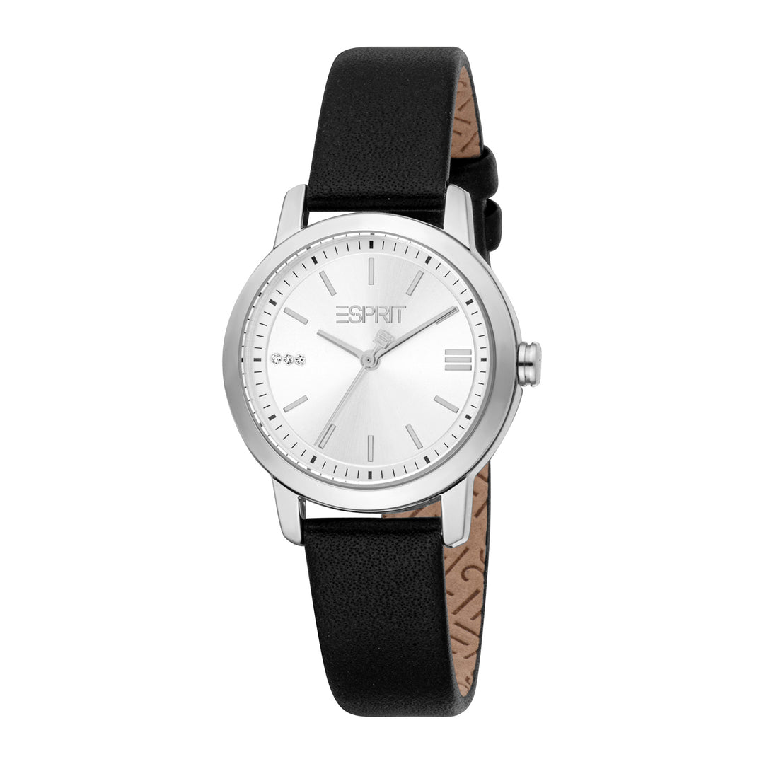ESPRIT Women Watch, Silver Color Case, Silver Dial, Black Leather Strap, 3 Hands, 3 ATM