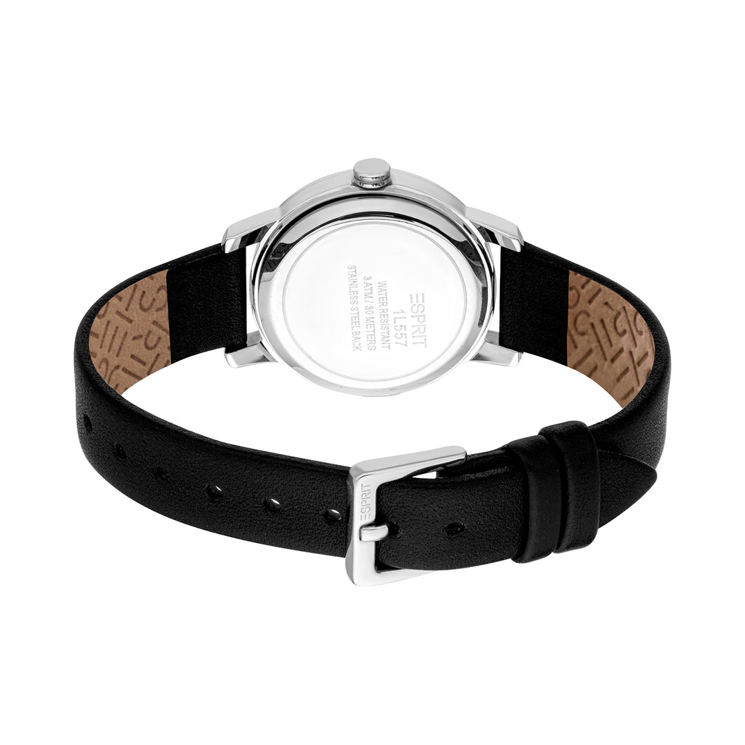 ESPRIT Women Watch, Silver Color Case, Silver Dial, Black Leather Strap, 3 Hands, 3 ATM