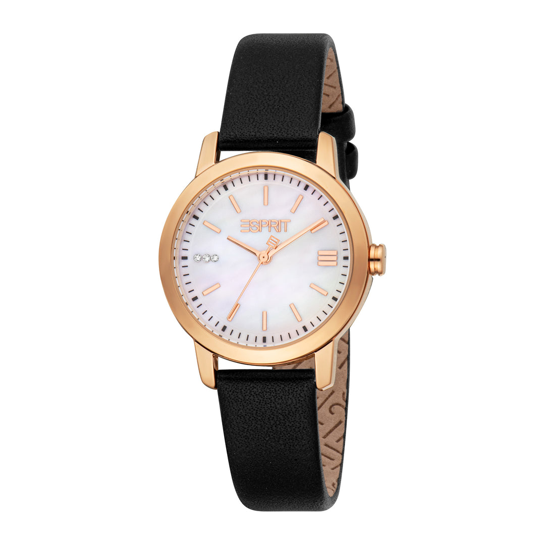 ESPRIT Women Watch, Rose Gold Color Case, White MOP Dial, Black Leather Strap, 3 Hands, 3 ATM