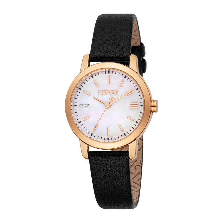 ESPRIT Women Watch, Rose Gold Color Case, White MOP Dial, Black Leather Strap, 3 Hands, 3 ATM