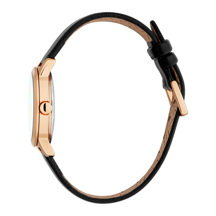 ESPRIT Women Watch, Rose Gold Color Case, White MOP Dial, Black Leather Strap, 3 Hands, 3 ATM