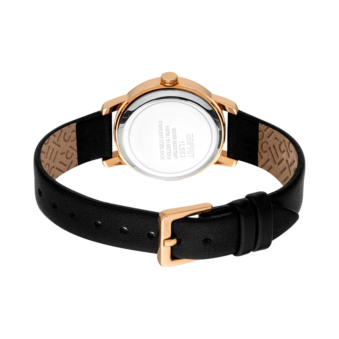 ESPRIT Women Watch, Rose Gold Color Case, White MOP Dial, Black Leather Strap, 3 Hands, 3 ATM