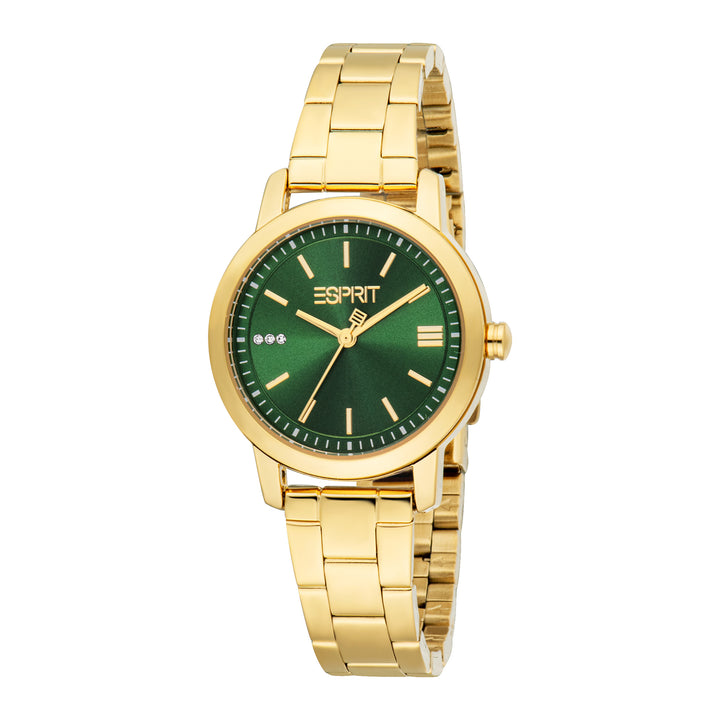 ESPRIT Women Watch, Gold Color Case, Dark Green Dial, Gold Color Metal Bracelet, 3 Hands, 3 ATM