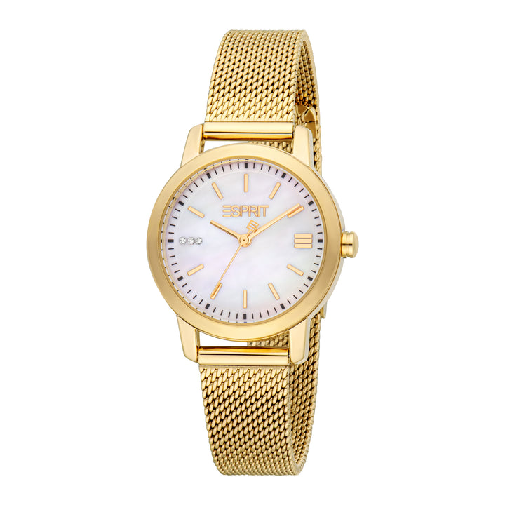 ESPRIT Women Watch, Gold Color Case, White MOP Dial, Gold Color Mesh Bracelet, 3 Hands, 3 ATM