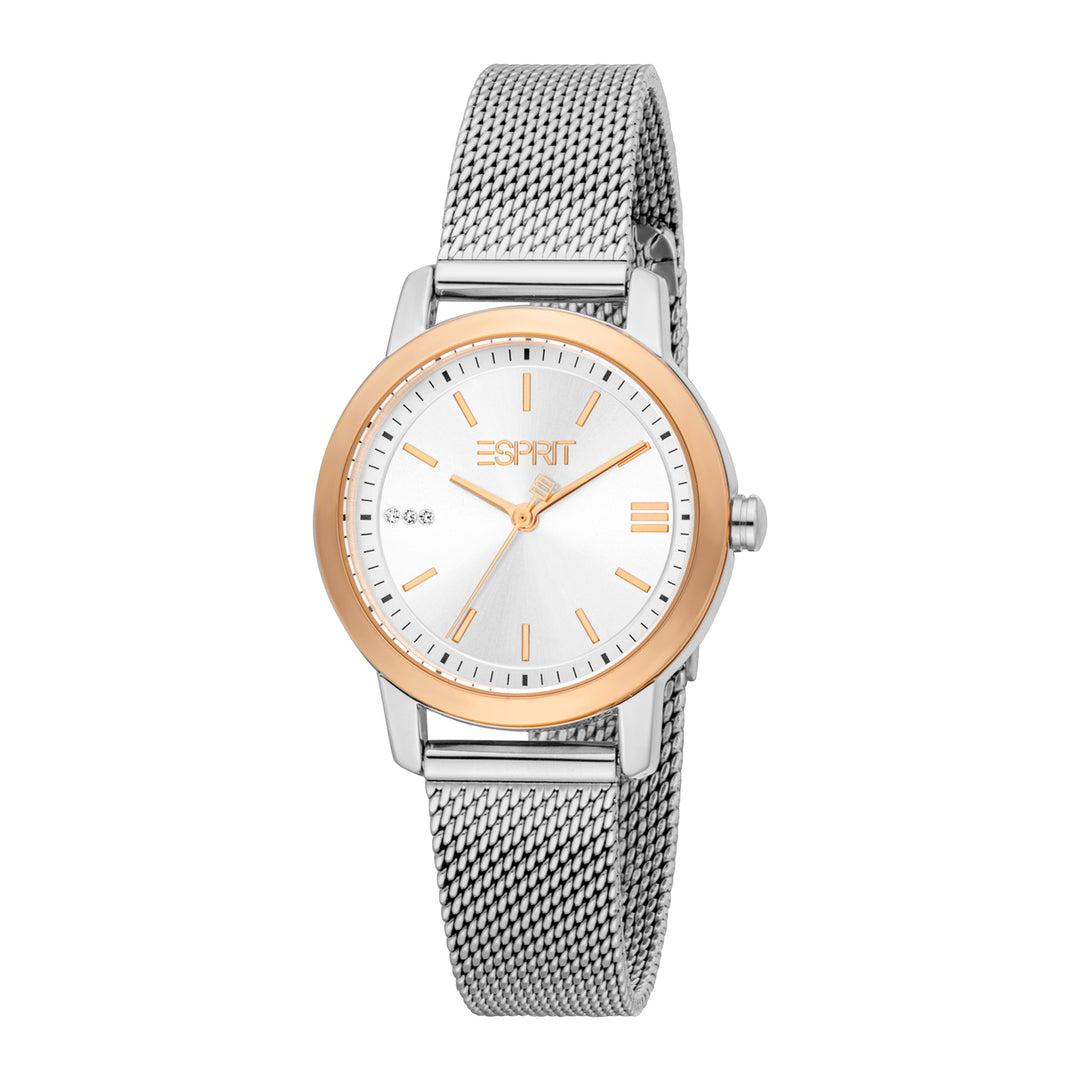 ESPRIT Women Watch, Two Tone Silver & Rose Gold Color Case, Silver Dial, Stainless Steel Mesh Bracelet, 3 Hands, 3 ATM