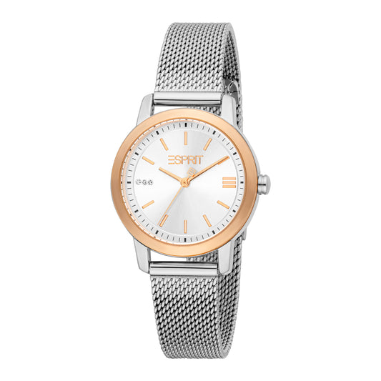 ESPRIT Women Watch, Two Tone Silver & Rose Gold Color Case, Silver Dial, Stainless Steel Mesh Bracelet, 3 Hands, 3 ATM