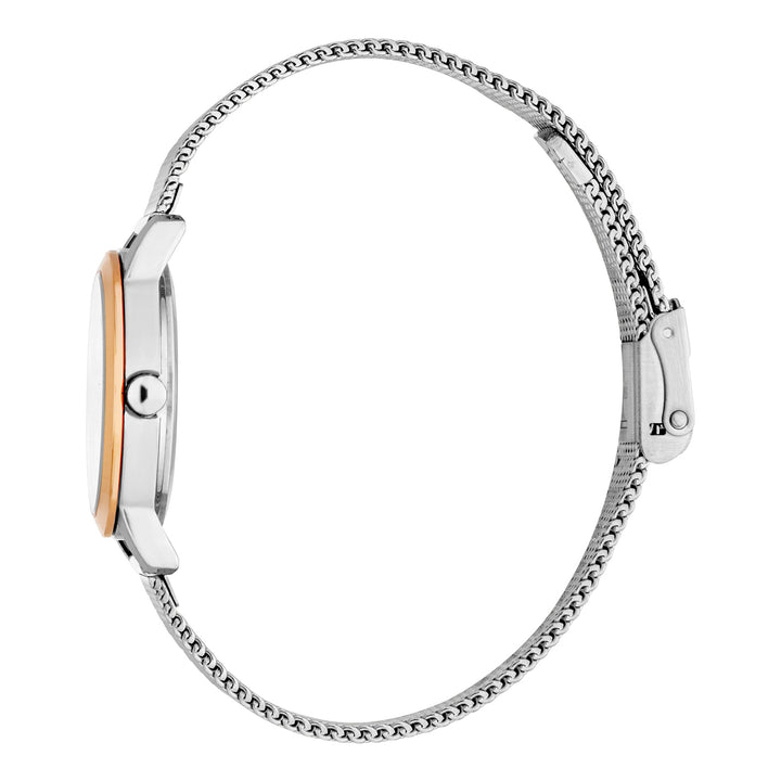 ESPRIT Women Watch, Two Tone Silver & Rose Gold Color Case, Silver Dial, Stainless Steel Mesh Bracelet, 3 Hands, 3 ATM
