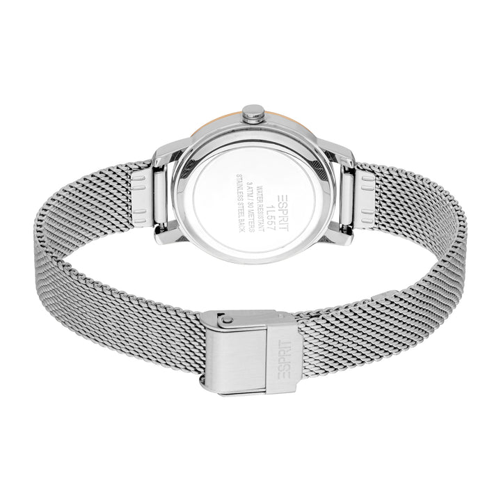 ESPRIT Women Watch, Two Tone Silver & Rose Gold Color Case, Silver Dial, Stainless Steel Mesh Bracelet, 3 Hands, 3 ATM