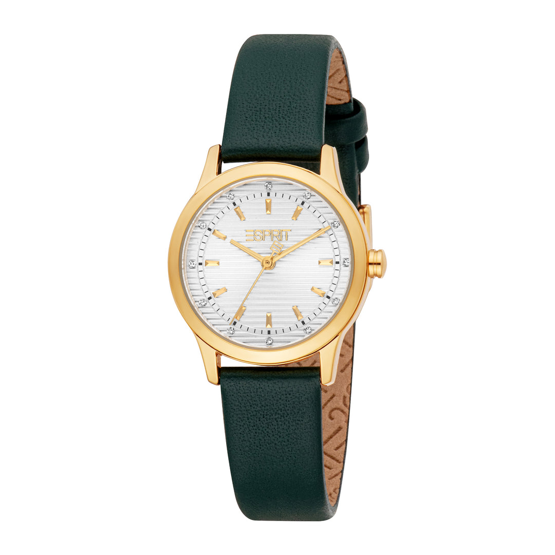 ESPRIT Women Watch, Gold Color Case, Silver Dial, Dark Green Leather Strap, 3 Hands, 3 ATM