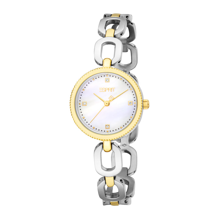 ESPRIT Women Watch, Two Tone Silver & Gold Color Case, White MOP Dial, Two Tone Silver & Gold Color Metal Bracelet, 3 Hands, 3 ATM