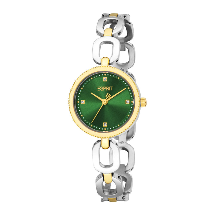 ESPRIT Women Watch, Two Tone Silver & Gold Color Case, Dark Green Dial, Two Tone Silver & Gold Color Metal Bracelet, 3 Hands, 3 ATM