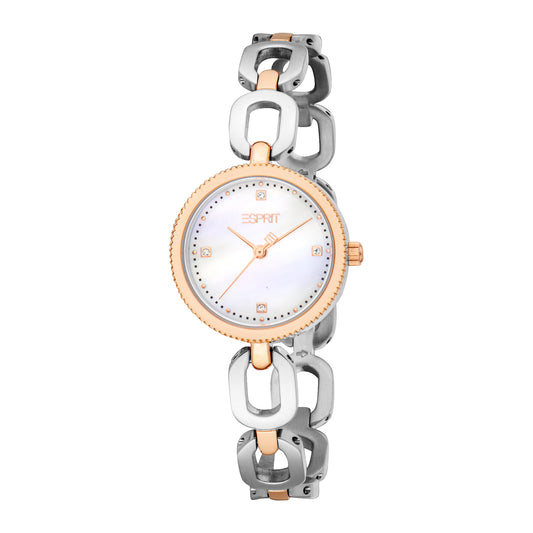 ESPRIT Women Watch, Two Tone Silver & Rose Gold Color Case, White MOP Dial, Two Tone Silver & Rose Gold Color Metal Bracelet, 3 Hands, 3 ATM