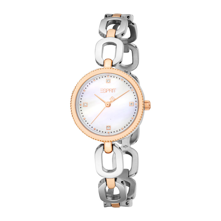 ESPRIT Women Watch, Two Tone Silver & Rose Gold Color Case, White MOP Dial, Two Tone Silver & Rose Gold Color Metal Bracelet, 3 Hands, 3 ATM