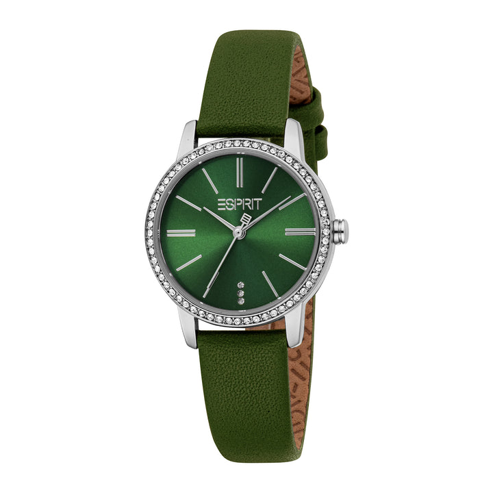 ESPRIT Women Watch, Silver Color Case, Dark Green Dial, Dark Green Leather Strap, 3 Hands, 3ATM
