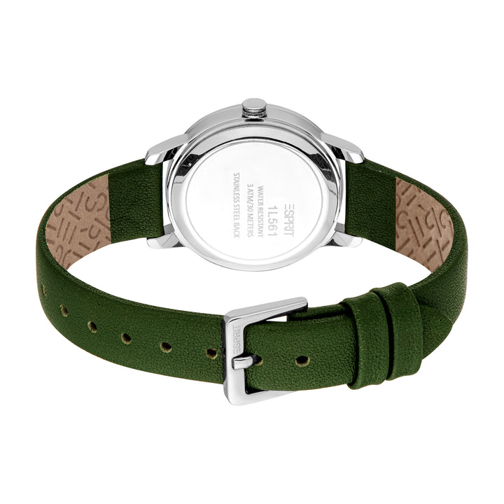 ESPRIT Women Watch, Silver Color Case, Dark Green Dial, Dark Green Leather Strap, 3 Hands, 3ATM