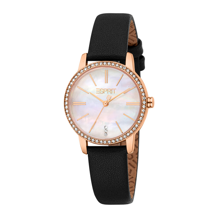 ESPRIT Women Watch, Rose Gold Color Case, White MOP Dial, Black Leather Strap, 3 Hands, 3ATM