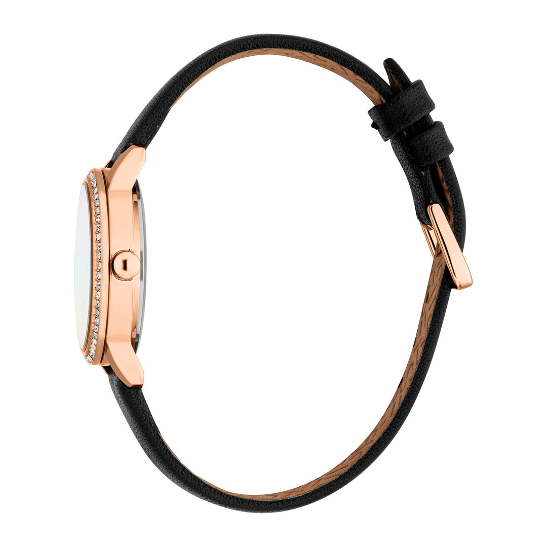 ESPRIT Women Watch, Rose Gold Color Case, White MOP Dial, Black Leather Strap, 3 Hands, 3ATM