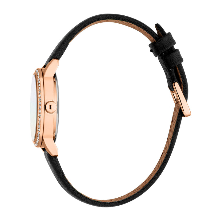 ESPRIT Women Watch, Rose Gold Color Case, White MOP Dial, Black Leather Strap, 3 Hands, 3ATM
