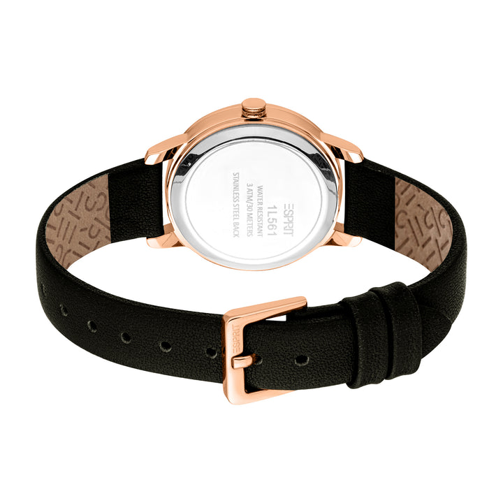 ESPRIT Women Watch, Rose Gold Color Case, White MOP Dial, Black Leather Strap, 3 Hands, 3ATM